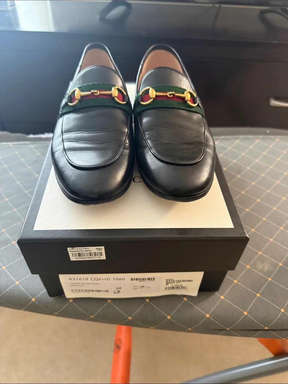 Gucci Black Leather Women’s Horsebit Loafers with Green-Red Web